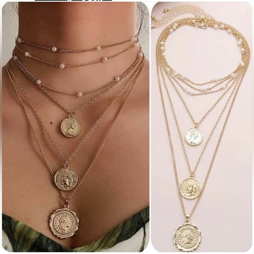 Multi layered coin and pearl gold chain necklace Six Pieces Boho gypsy gift